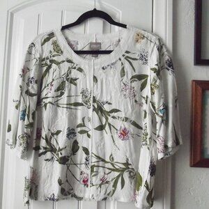Chico's Floral Pullover Blouse Elbow Sleeve Embroidered Semi-Cropped